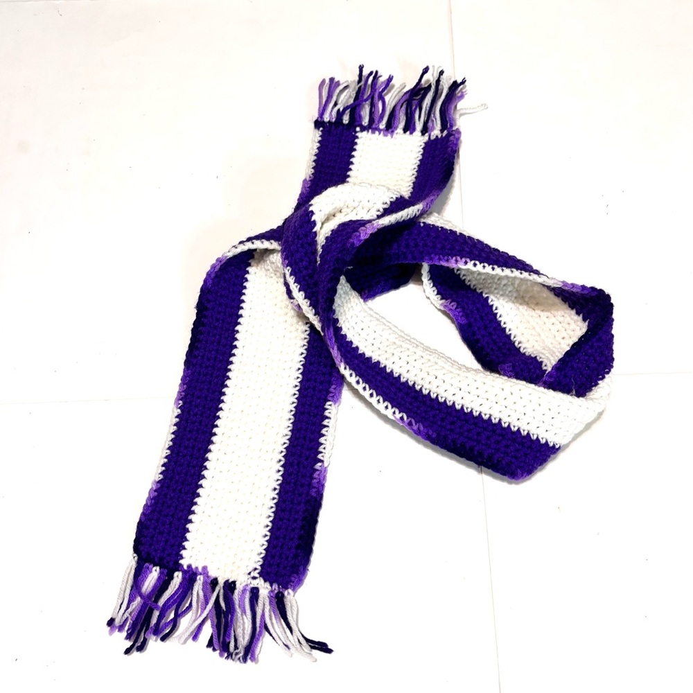 Vibrant Purple and White Knit Scarf